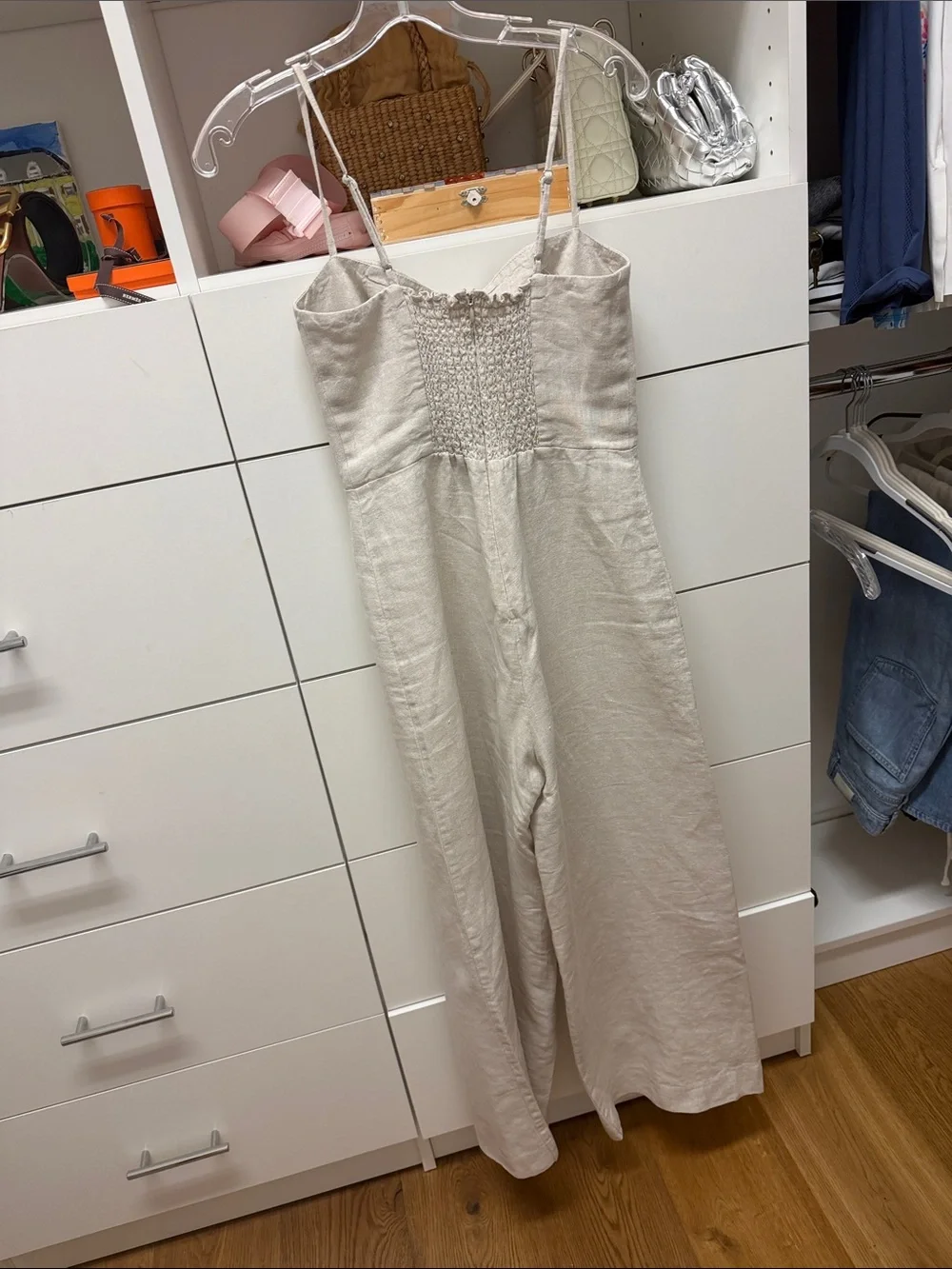 Reformation Strapless Wide-Leg Jumpsuit in Light Beige